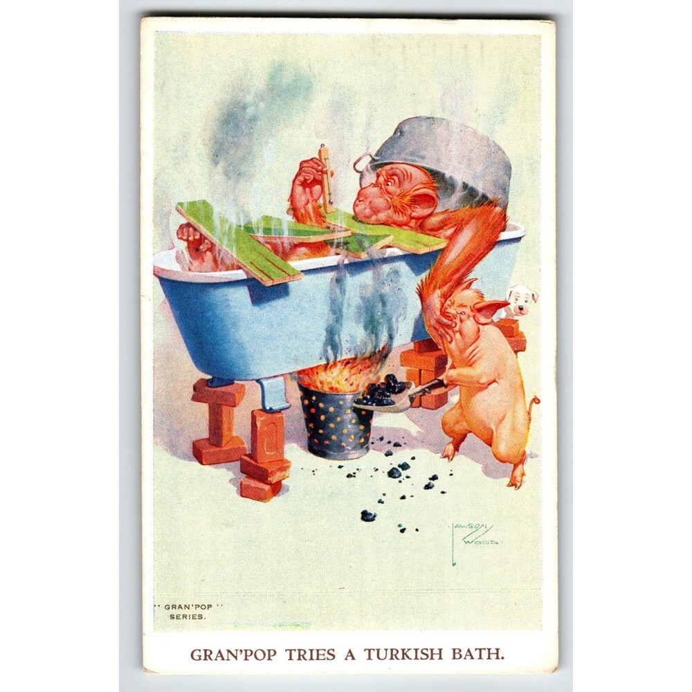 Monkey Pig Turkish Bath Postcard Larson Wood Signed Fantasy Anthropomorphic 1938